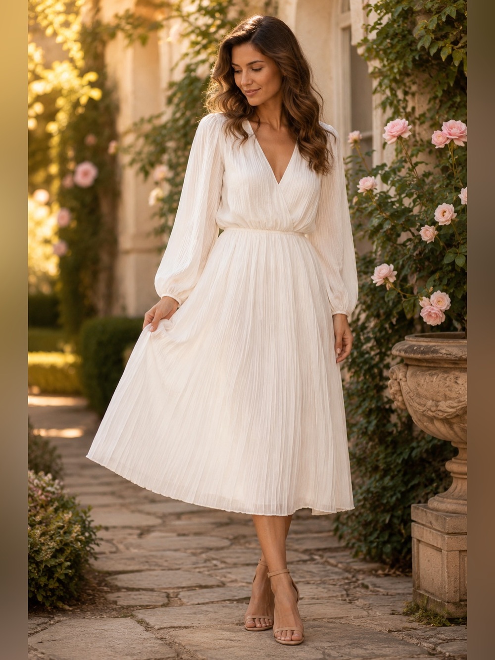 Zimmermann White Pleated V-Neck Midi Dress - Sze 2
